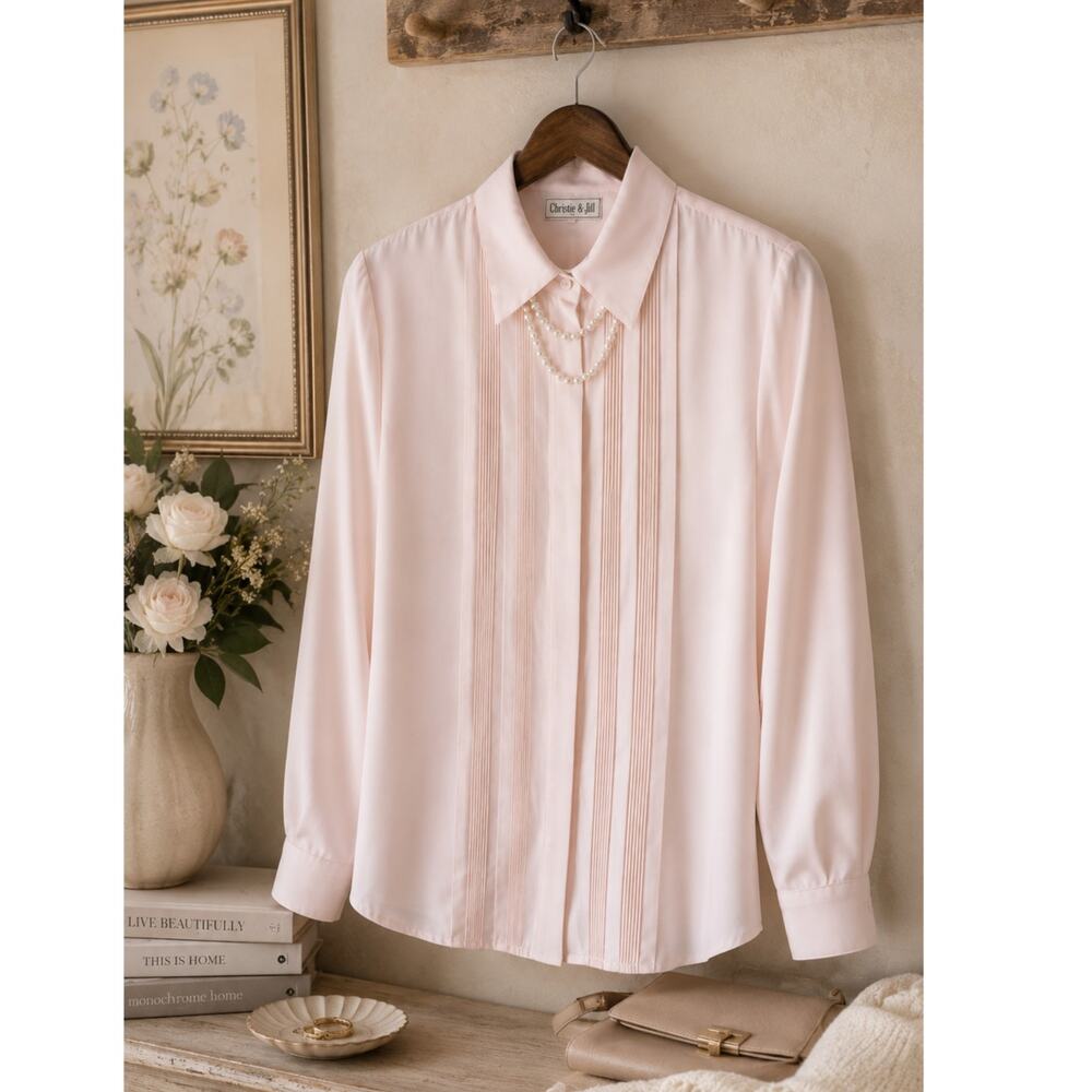 Christie & Jill Vintage Blush Pink Pintuck Secretary Blouse Pearl Chain Size 8 - Picture 1 of 9